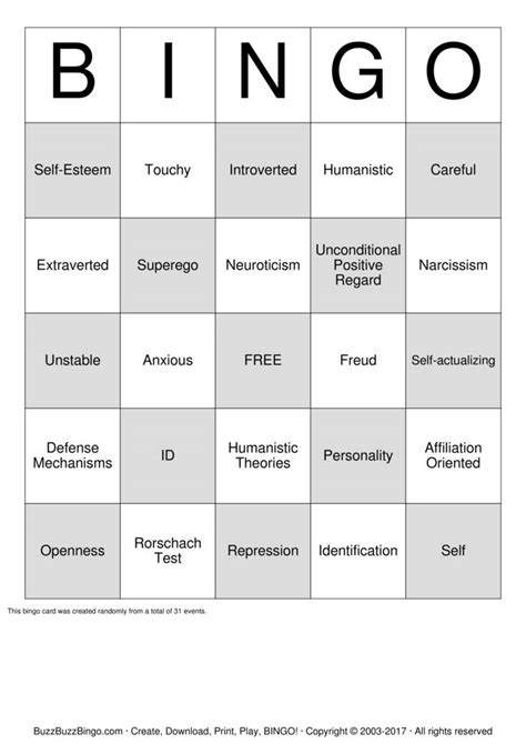 personality bingo cards